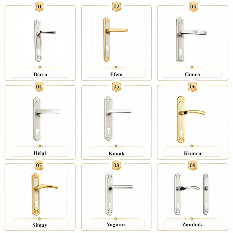 Classic door handles collection featuring nine premium architectural lever handle models in stainless steel and decorative finishes.