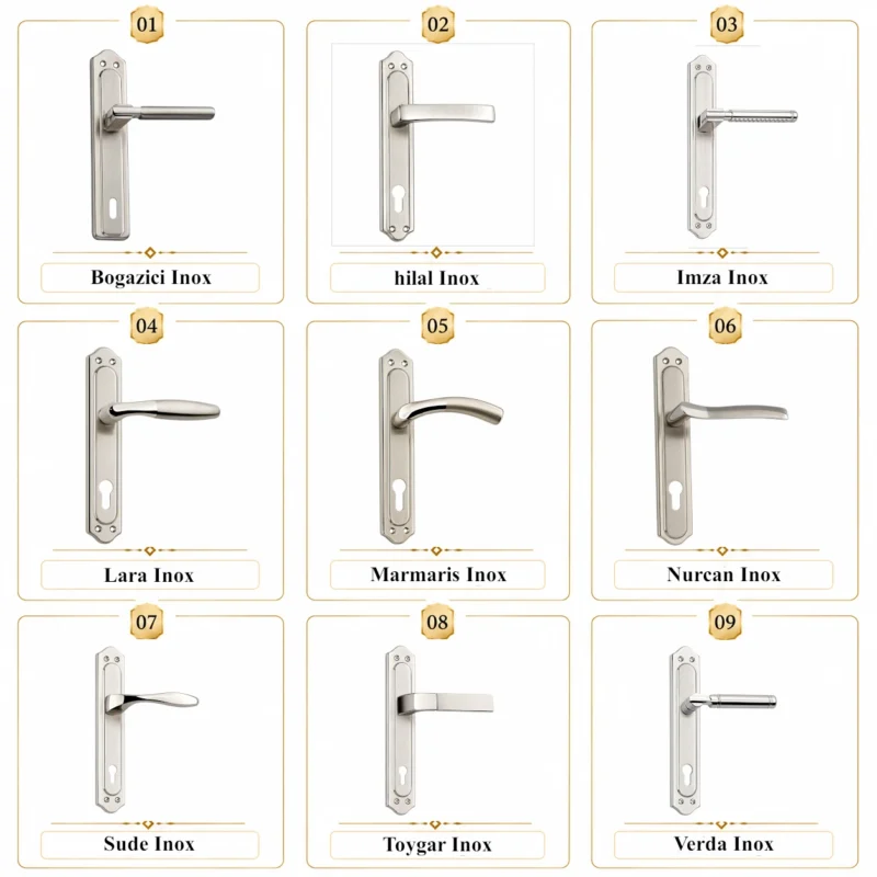 Inox premium door handles collection featuring nine stainless steel architectural lever handle models.