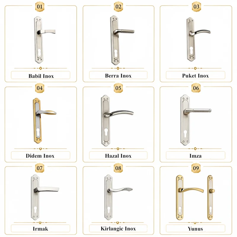Premium door handles collection featuring nine inox and luxury architectural lever handle models.