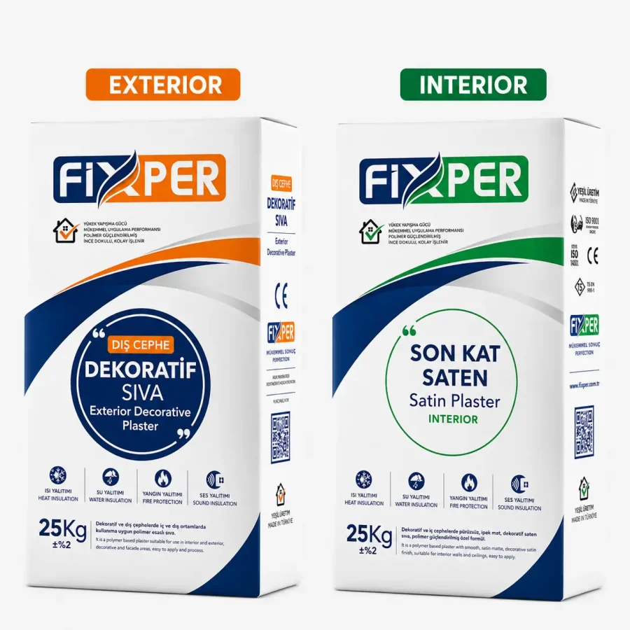 Fixper decorative plaster for exterior applications and satin plaster for interior wall finishing