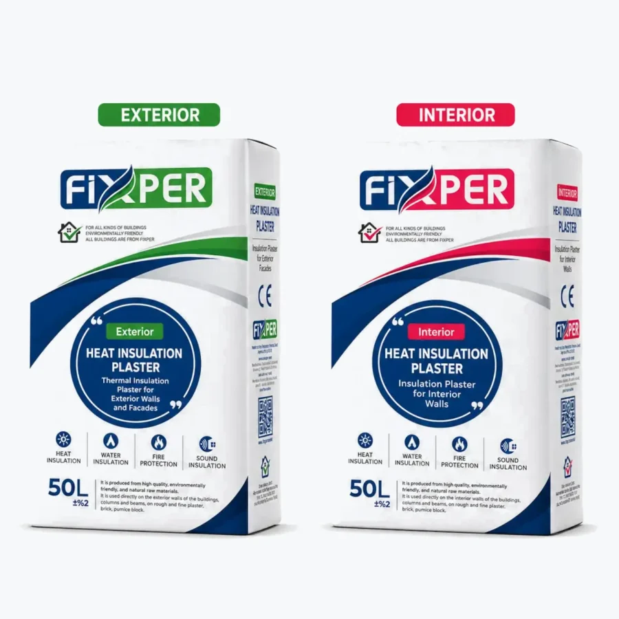 Fixper heat insulation plaster for interior and exterior walls with thermal, water, fire, and sound insulation features